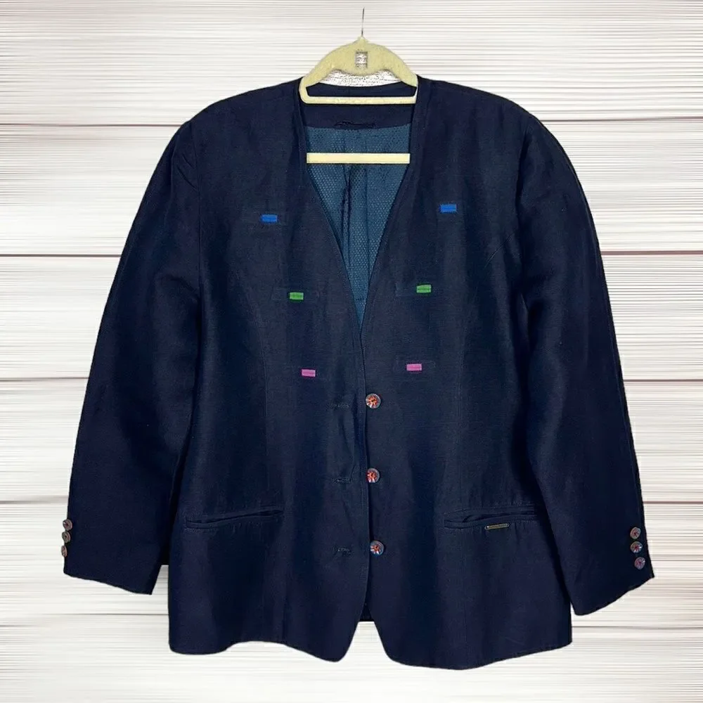 Geiger Collections Austria Navy Blue Vintage Linen Blend V-neck Blazer 40 US 10